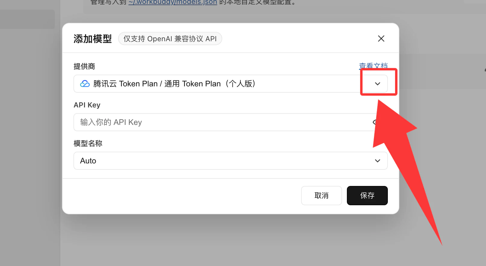 WorkBuddy 添加模型时打开提供商下拉菜单